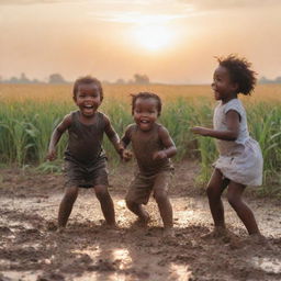 Cheerful black children playing in mud under a sunrise, with a backdrop of a maize and wheat field. A surprised mother watches their messy play.