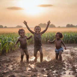 Cheerful black children playing in mud under a sunrise, with a backdrop of a maize and wheat field. A surprised mother watches their messy play.