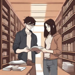 This digital art image captures a poignant scene within a library