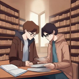 This digital art image captures a poignant scene within a library