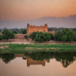 An evening view of Kalabagh in Punjab, Pakistan. Highlight the warm sunset glows reflecting off the Indus River, with traditional Pakistani architecture and lush green landscapes.