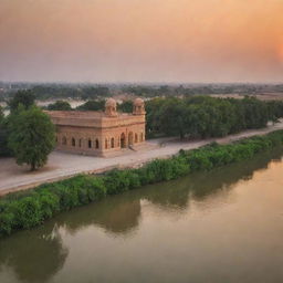 An evening view of Kalabagh in Punjab, Pakistan. Highlight the warm sunset glows reflecting off the Indus River, with traditional Pakistani architecture and lush green landscapes.