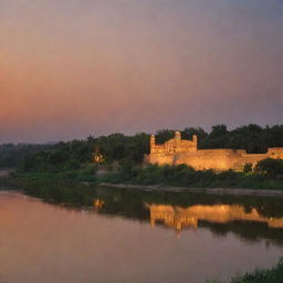 An evening view of Kalabagh in Punjab, Pakistan. Highlight the warm sunset glows reflecting off the Indus River, with traditional Pakistani architecture and lush green landscapes.