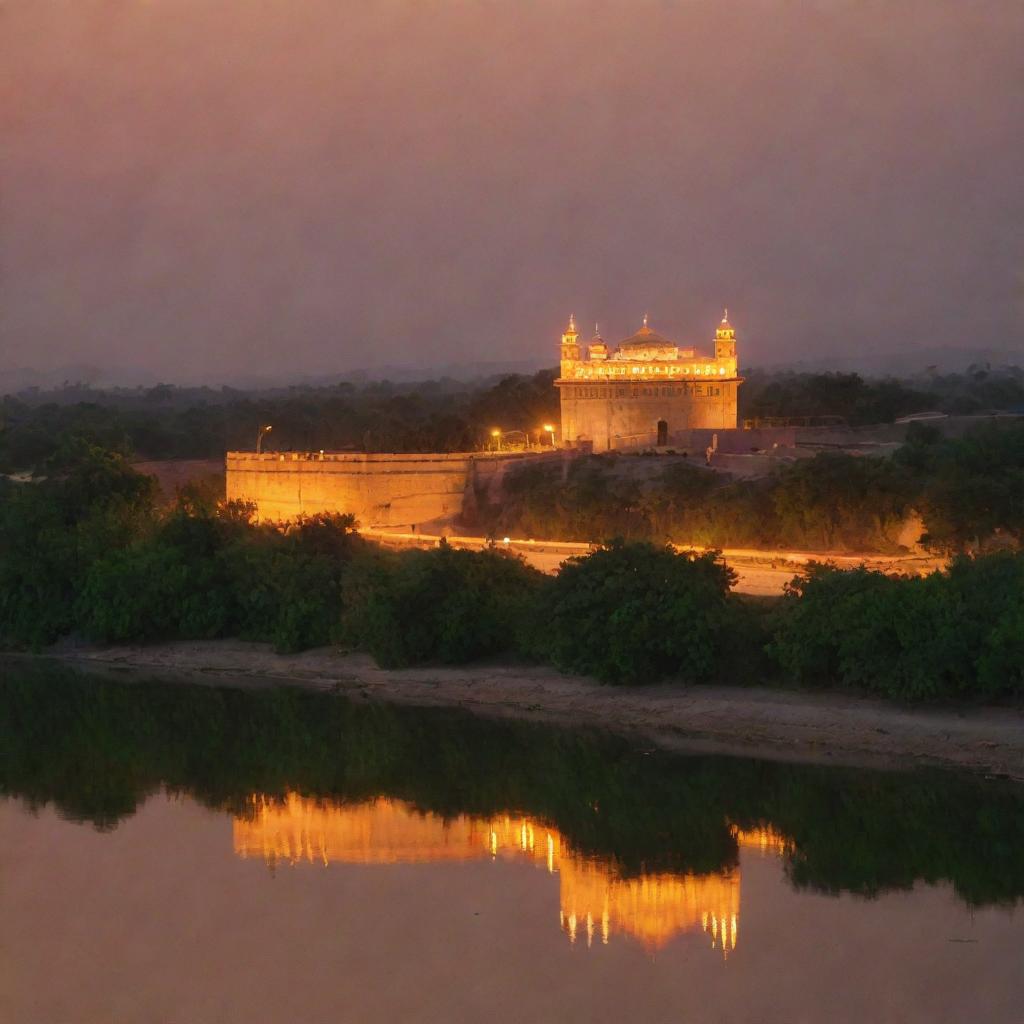 An evening view of Kalabagh in Punjab, Pakistan. Highlight the warm sunset glows reflecting off the Indus River, with traditional Pakistani architecture and lush green landscapes.