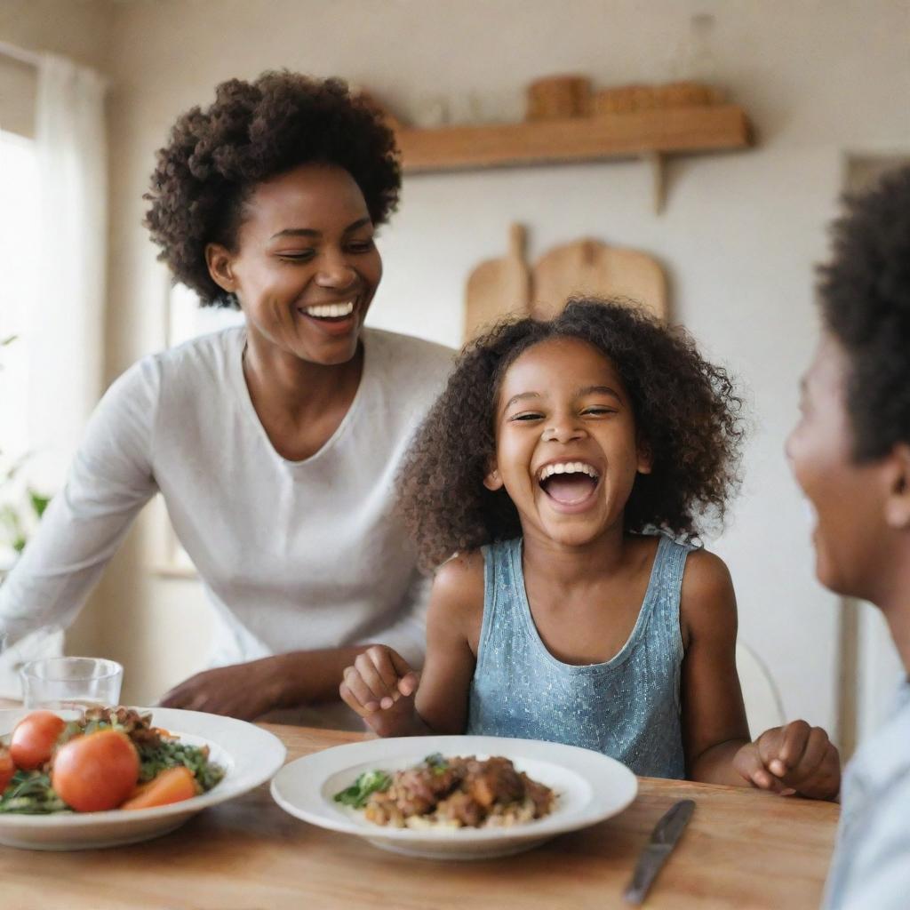 A heartfelt scene of a young African girl laughing joyfully at the dining table with her loving parents, capturing the warmth and happiness of a family meal.