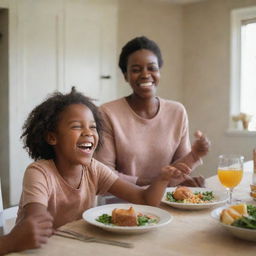 A heartfelt scene of a young African girl laughing joyfully at the dining table with her loving parents, capturing the warmth and happiness of a family meal.