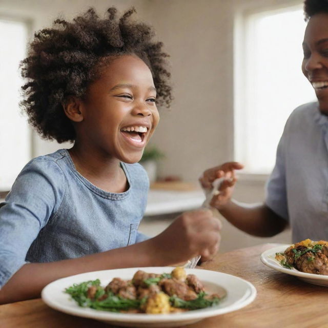 A heartfelt scene of a young African girl laughing joyfully at the dining table with her loving parents, capturing the warmth and happiness of a family meal.