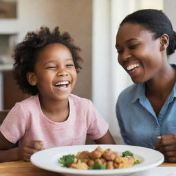 A heartfelt scene of a young African girl laughing joyfully at the dining table with her loving parents, capturing the warmth and happiness of a family meal.