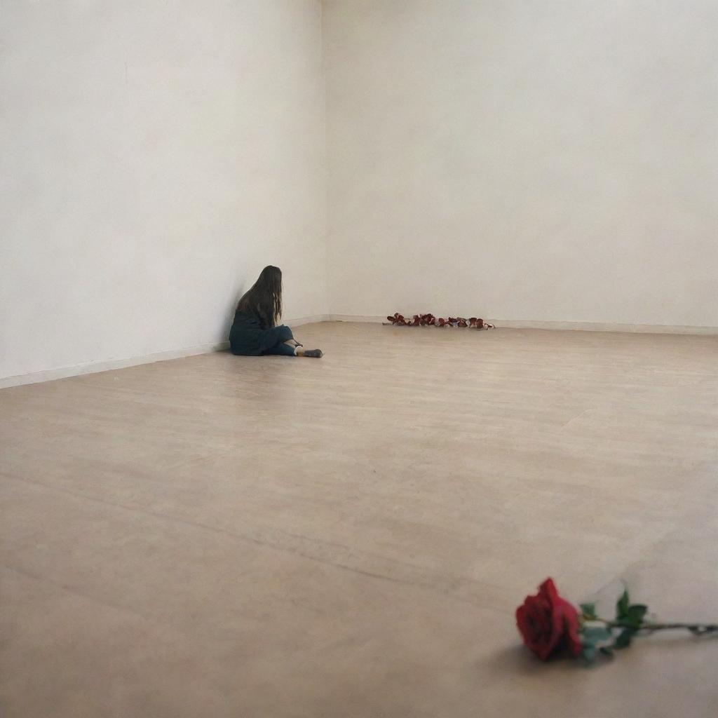 A view from behind a solitary girl, watching a distant couple while sitting on the floor, a lone rose lying next to her.