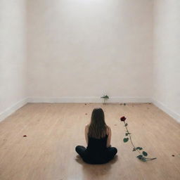 A view from behind a solitary girl, watching a distant couple while sitting on the floor, a lone rose lying next to her.