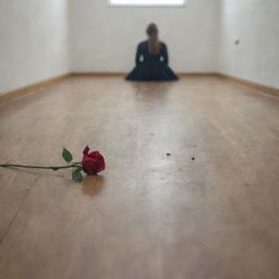 A view from behind a solitary girl, watching a distant couple while sitting on the floor, a lone rose lying next to her.