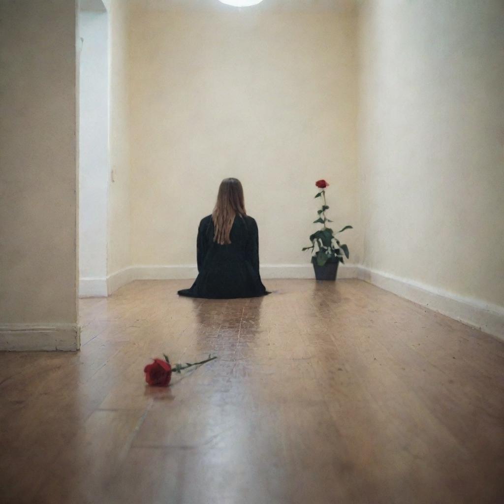 A view from behind a solitary girl, watching a distant couple while sitting on the floor, a lone rose lying next to her.