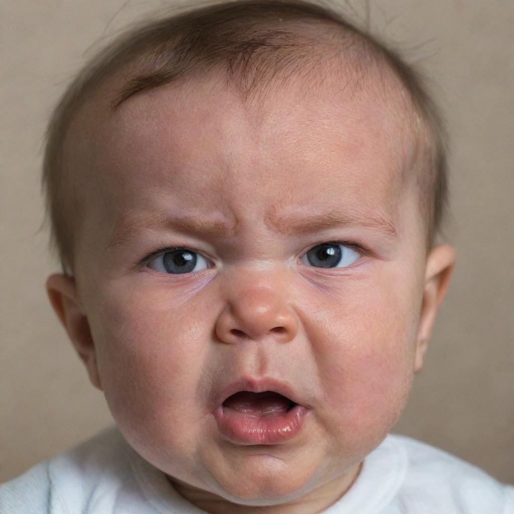 A cute baby displaying a comical look of faux anger, with furrowed brows and a pouted mouth.