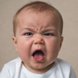 A cute baby displaying a comical look of faux anger, with furrowed brows and a pouted mouth.