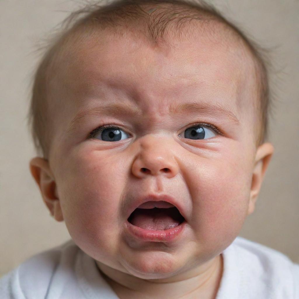 A cute baby displaying a comical look of faux anger, with furrowed brows and a pouted mouth.