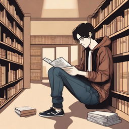 This digital art image vividly portrays a melancholic scene in a library