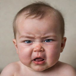 A cute baby displaying a comical look of faux anger, with furrowed brows and a pouted mouth.