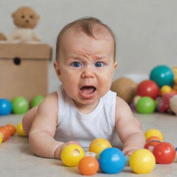 A baby with an expressive face showing signs of jealousy, frowning and pouting while another child is seen playing with toys in the background.