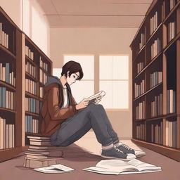 This digital art captures a poignant scene in a library