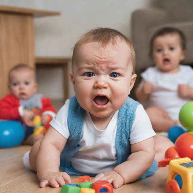 A baby with an expressive face showing signs of jealousy, frowning and pouting while another child is seen playing with toys in the background.