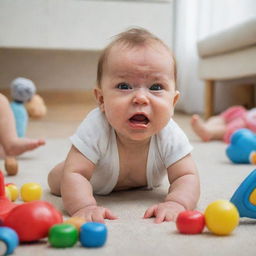 A baby with an expressive face showing signs of jealousy, frowning and pouting while another child is seen playing with toys in the background.