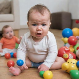 A baby with an expressive face showing signs of jealousy, frowning and pouting while another child is seen playing with toys in the background.