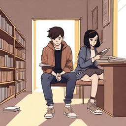 This is a digital art image of a poignant library scene