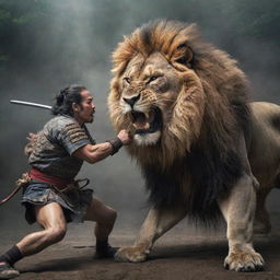 A mighty lion overpowering a Japanese samurai in a dramatic and intense setting