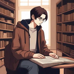 A digital art image depicts a melancholic library scene