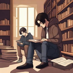 A digital art image depicts a melancholic library scene