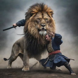 A mighty lion overpowering a Japanese samurai in a dramatic and intense setting