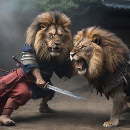 A mighty lion overpowering a Japanese samurai in a dramatic and intense setting