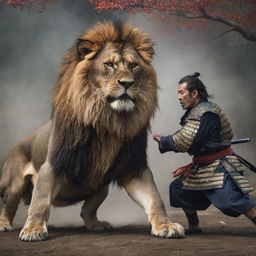 A mighty lion overpowering a Japanese samurai in a dramatic and intense setting