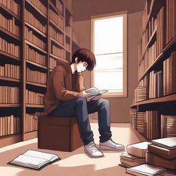 This digital art image captures a melancholic scene in a library