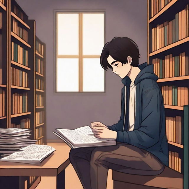 This digital art image captures a melancholic scene in a library