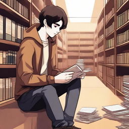 This digital art image captures a melancholic scene in a library