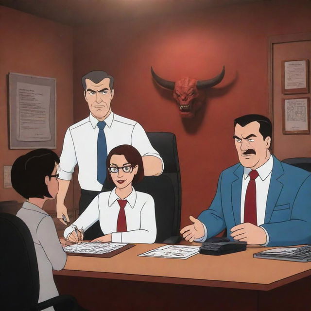 Animated scene featuring the main characters from the animated series 'Helluva Boss', visibly conducting business operations in their office located in Hell.