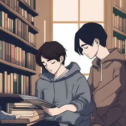 A high-quality digital art image portrays a somber library scene