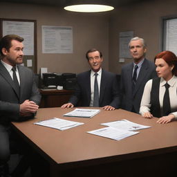 Animated scenario showing the main characters of 'Helluva Boss', involved in a spirited discussion in their underworld office.