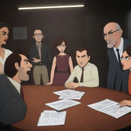 Animated scenario showing the main characters of 'Helluva Boss', involved in a spirited discussion in their underworld office.