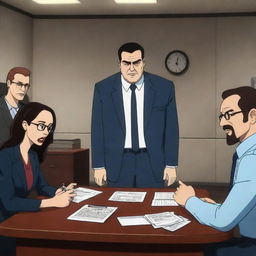 Animated scenario showing the main characters of 'Helluva Boss', involved in a spirited discussion in their underworld office.