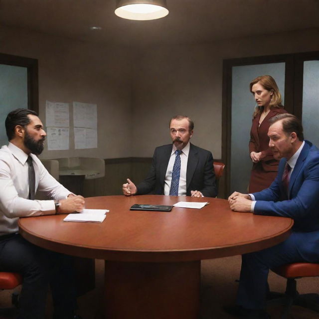 Animated scenario showing the main characters of 'Helluva Boss', involved in a spirited discussion in their underworld office.