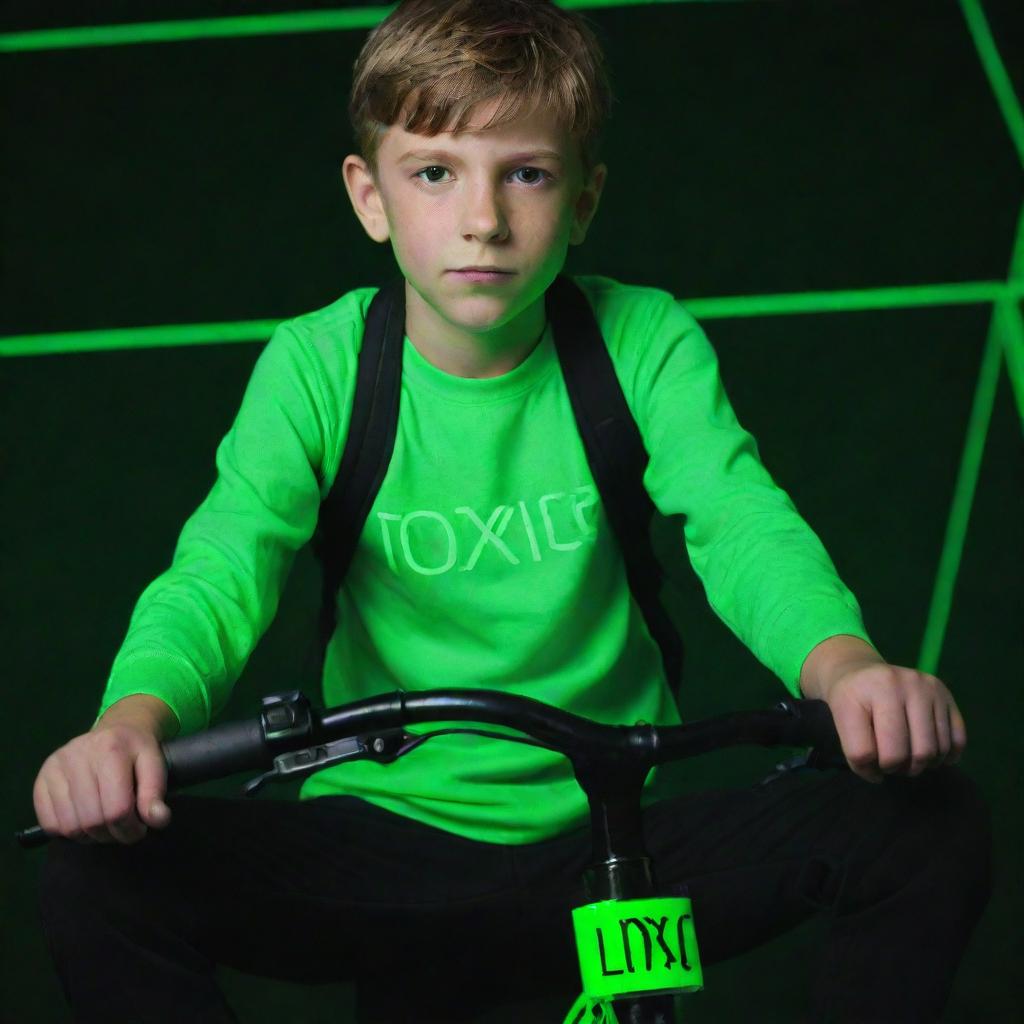 A young boy sitting confidently on a bike with a vibrant neon green background, highlighted with the bold, illuminated text 'TOXIC' 