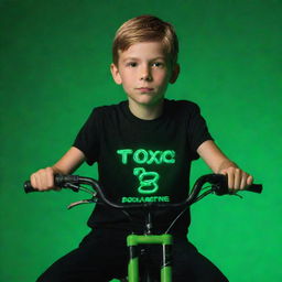 A young boy sitting confidently on a bike with a vibrant neon green background, highlighted with the bold, illuminated text 'TOXIC' 