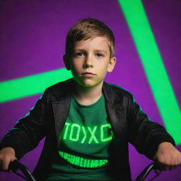 A young boy sitting confidently on a bike with a vibrant neon green background, highlighted with the bold, illuminated text 'TOXIC' 