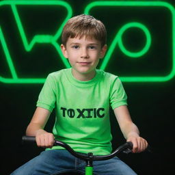 A young boy sitting confidently on a bike with a vibrant neon green background, highlighted with the bold, illuminated text 'TOXIC' 