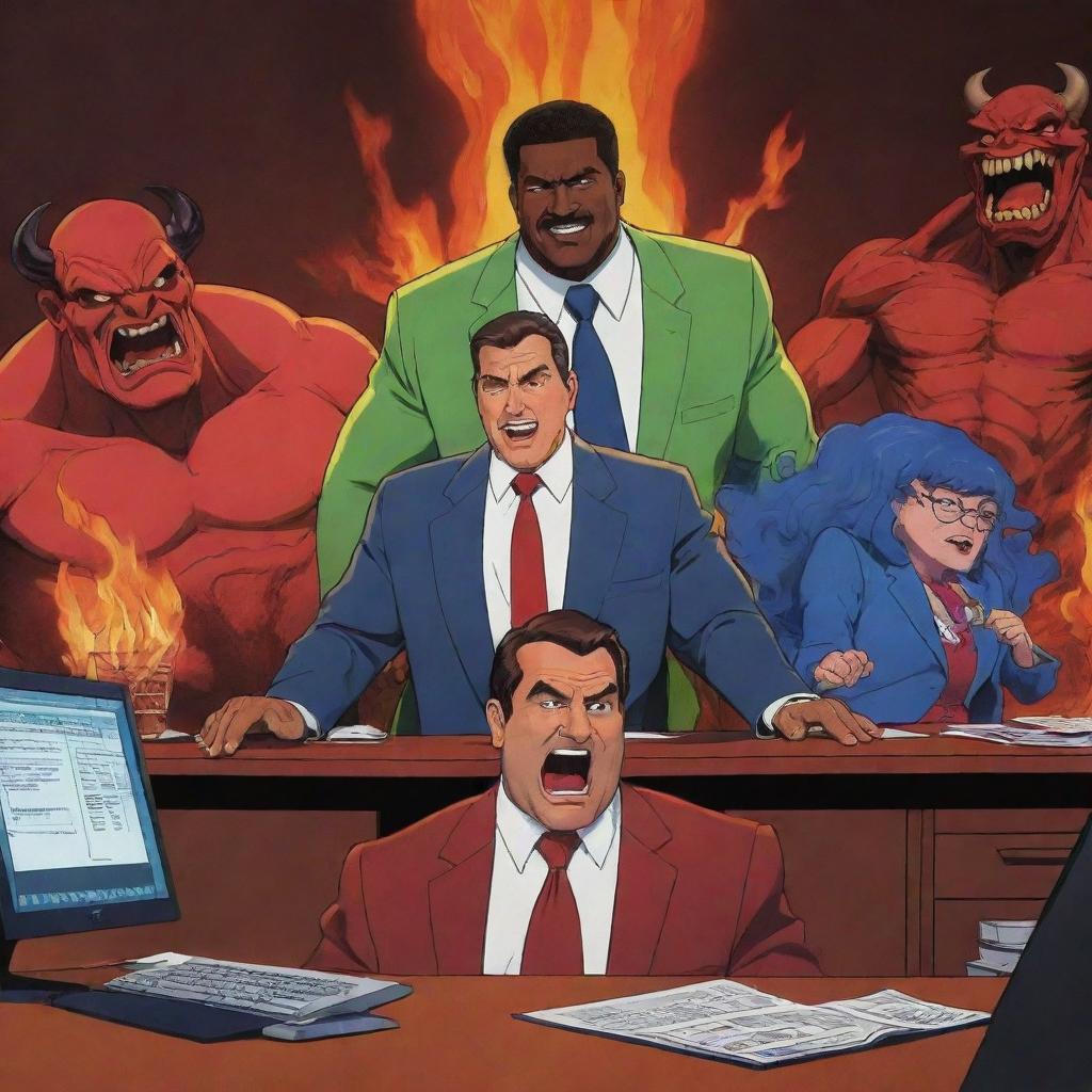 Vibrant and dynamic depiction of the main characters from 'Helluva Boss' animated series, engaging in their typical antics in their office in Hell.