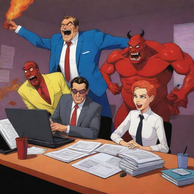 Vibrant and dynamic depiction of the main characters from 'Helluva Boss' animated series, engaging in their typical antics in their office in Hell.