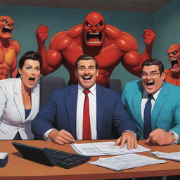 Vibrant and dynamic depiction of the main characters from 'Helluva Boss' animated series, engaging in their typical antics in their office in Hell.