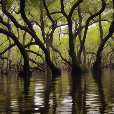 In the mystical realm of enchanted creatures and magic, the towering branches of the black mangrove created an ethereal forest.